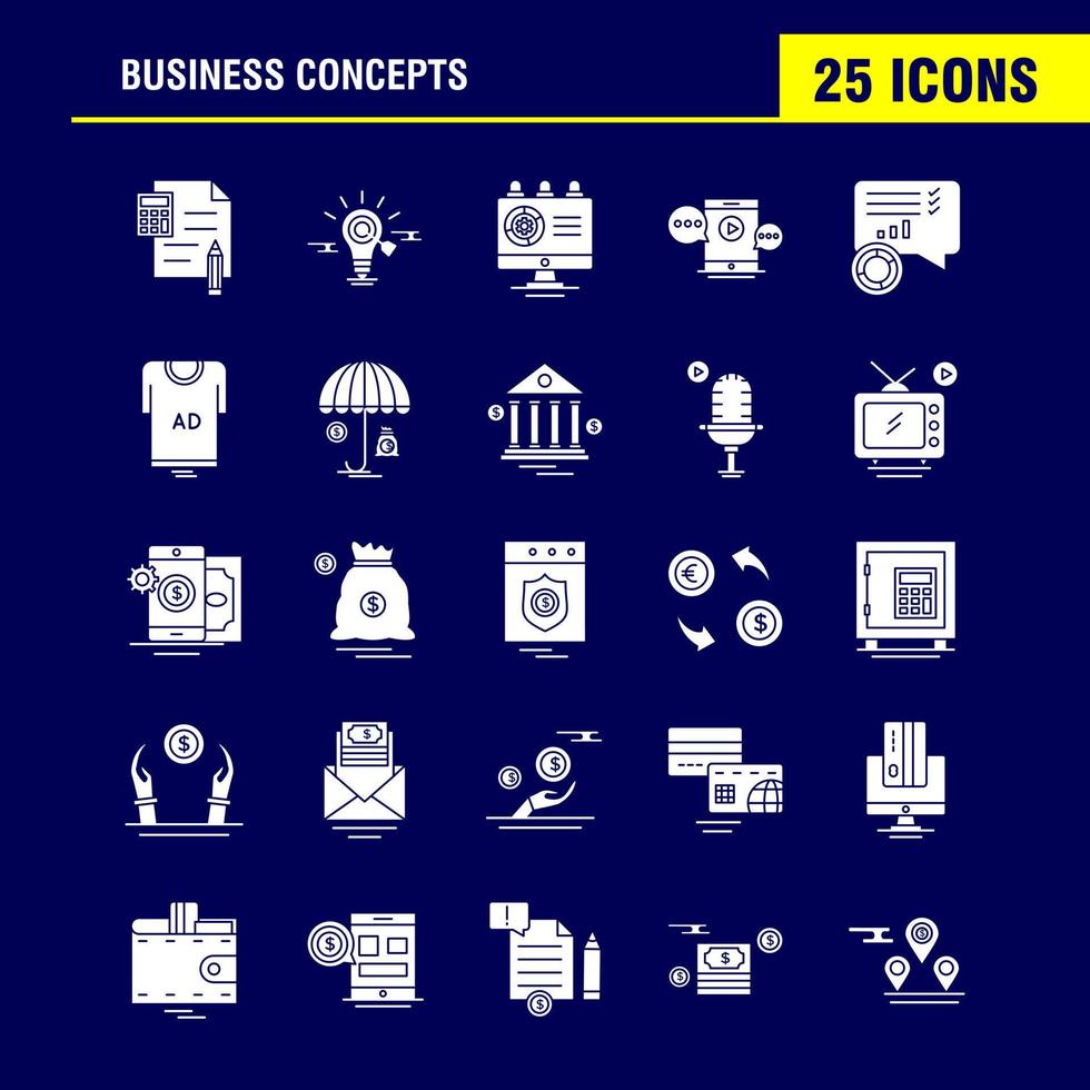 conceptos de negocio conjunto de iconos de glifo sólido para infografía kit de uxui móvil y diseño de impresión incluyen escala vector brújula educación monitor computadora avatar compartir colección infografía moderna