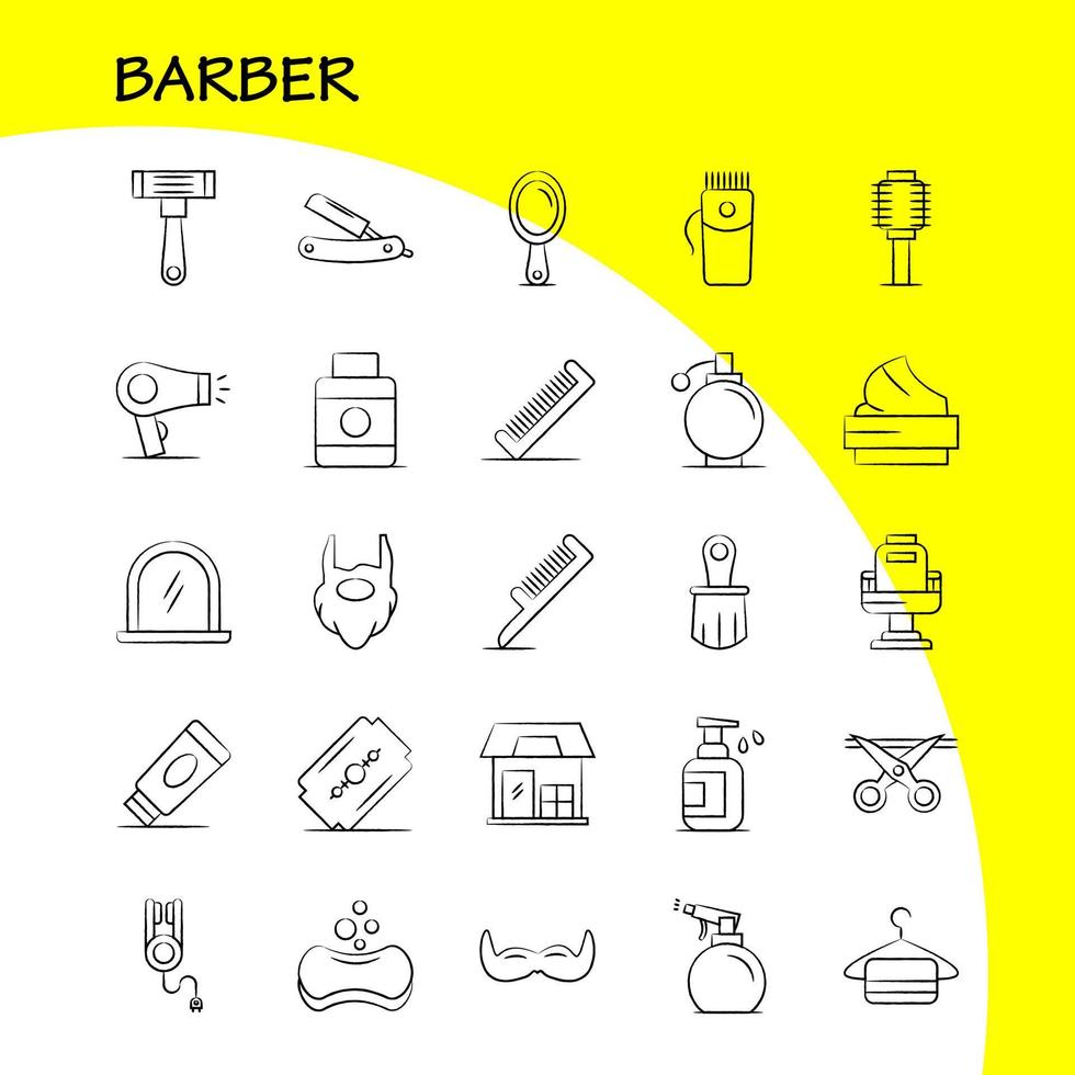 Barber Hand Drawn Icons Set For Infographics Mobile UXUI Kit And Print Design Include Barber Face Mirror Barber Beauty Chair Haircut Barber Icon Set Vector