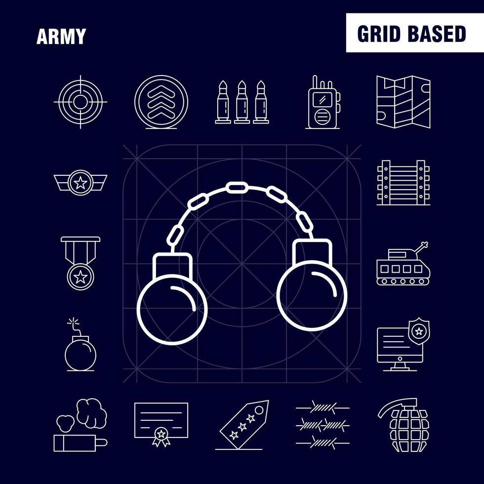 los iconos de la línea del ejército establecidos para el kit de infografía móvil uxui y el diseño de impresión incluyen el monitor de la ley de cumplimiento de la insignia alambre de púas del ejército conjunto de iconos franceses vector