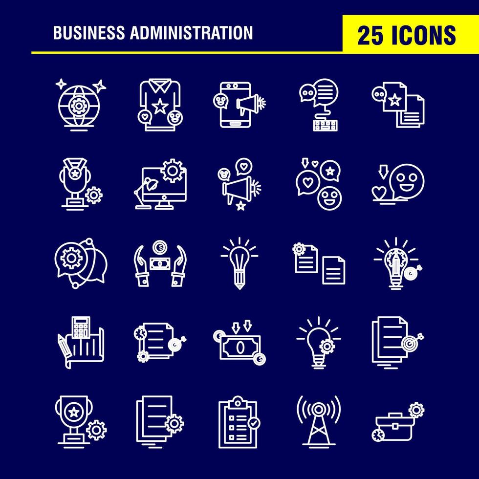 los iconos de la línea de administración empresarial establecidos para el kit de uxui móvil infográfico y el diseño de impresión incluyen configuración de Internet engranaje globo camiseta camisa deportes eps 10 vector