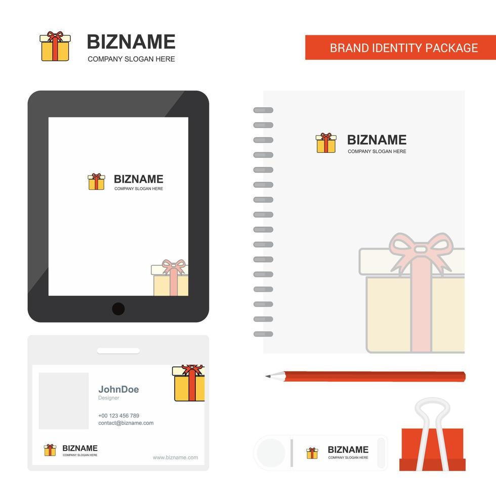 Giftbox Business Logo Tab App Diary PVC Employee Card and USB Brand Stationary Package Design Vector Template