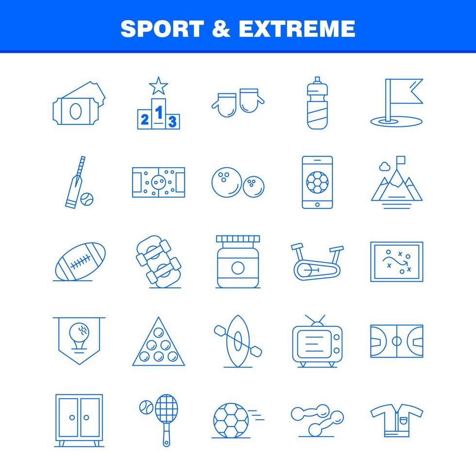 los iconos deportivos y de línea extrema establecidos para infografías kit uxui móvil y diseño de impresión incluyen juego de pelota de fútbol deporte juego móvil juego en línea conjunto de iconos vector