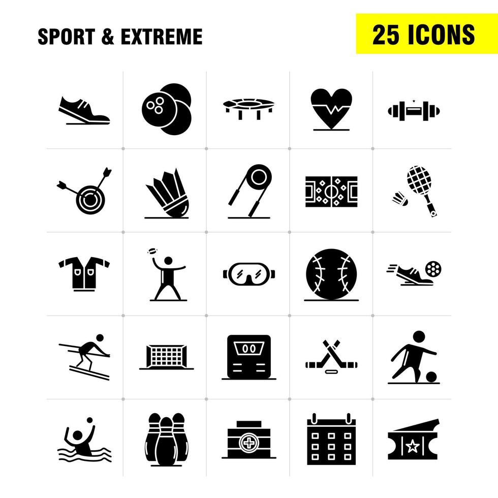 iconos deportivos y de glifos sólidos extremos establecidos para infografía kit uxui móvil y diseño de impresión incluyen red de pelota de fútbol juego de fútbol deportivo conjunto de iconos de fútbol deportivo vector