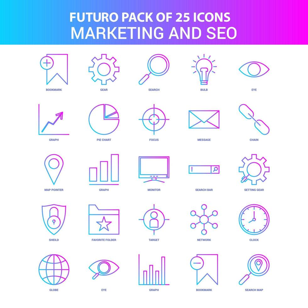 25 paquete de iconos de seo y marketing de futuro azul y rosa vector