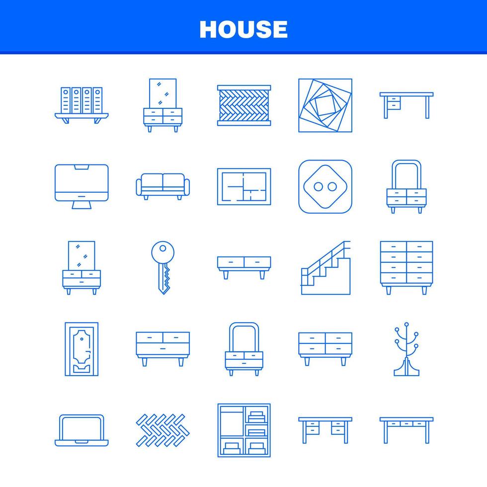 icono de la línea de la casa para impresión web y kit de uxui móvil, como muebles de sofá, muebles de cajones de cofres interiores, mantener el vector del paquete de pictogramas