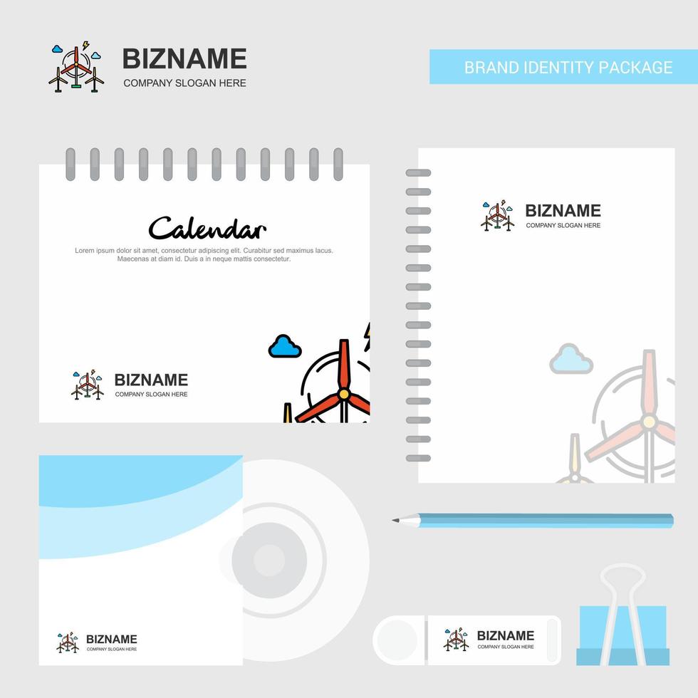 plantilla de calendario de logotipo de turbina de aire diario de portada de cd y plantilla de vector de diseño de paquete estacionario de marca usb