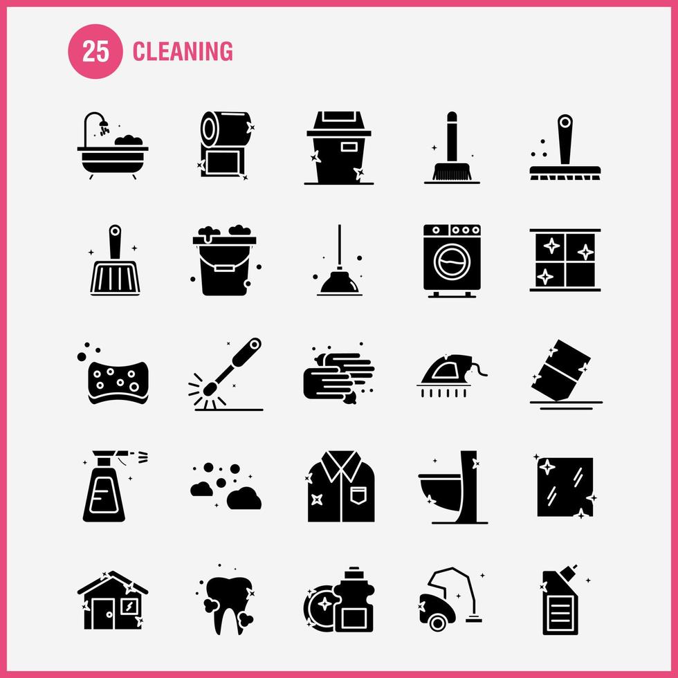 Cleaning Solid Glyph Icons Set For Infographics Mobile UXUI Kit And Print Design Include Brush Brushing Clean Scrub Plunger Restroom Toilet Tool Icon Set Vector