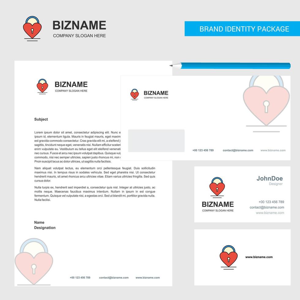 Heart lock Business Letterhead Envelope and visiting Card Design vector template