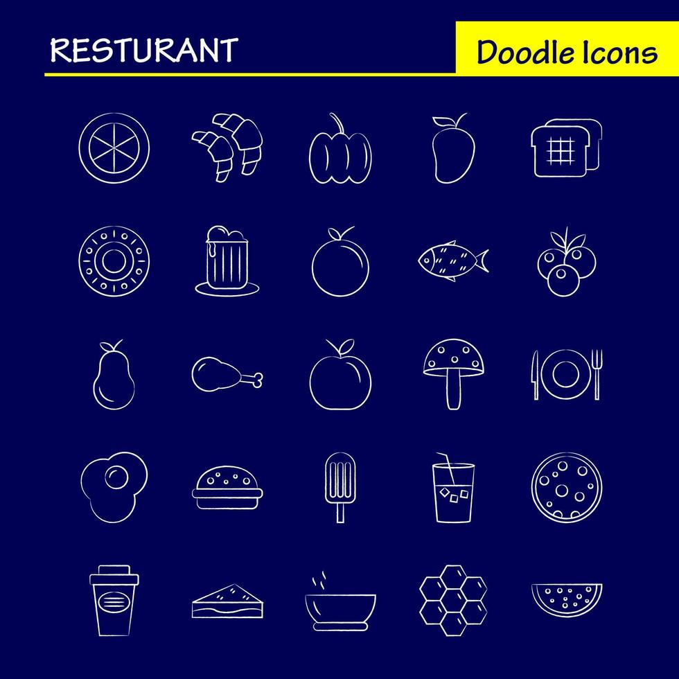 conjunto de iconos dibujados a mano de restaurante para infografías kit uxui móvil y diseño de impresión incluyen uvas comida comida frutas té pastel comida comida eps 10 vector