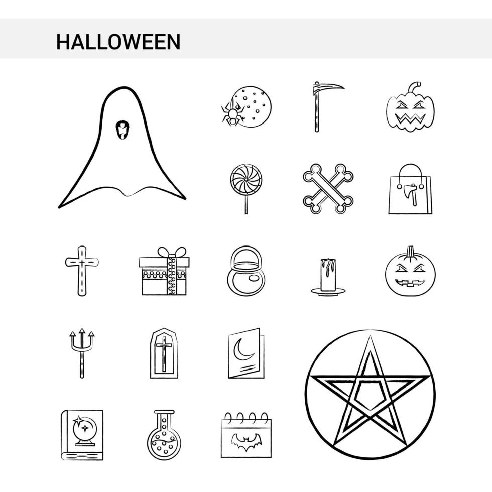 estilo de conjunto de iconos dibujados a mano de halloween aislado en vector de fondo blanco