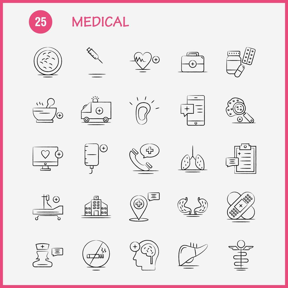 Medical Hand Drawn Icons Set For Infographics Mobile UXUI Kit And Print Design Include Clipboard Time Board Clock Tablet Medical Medicine Capsule Collection Modern Infographic Logo and Pi vector