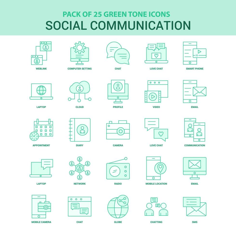 25 conjunto de iconos de comunicación social verde vector