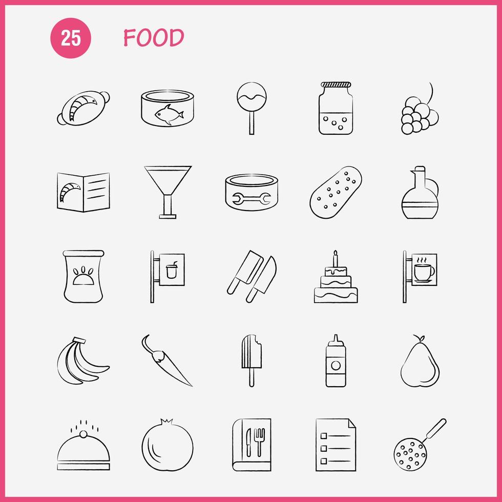 los iconos dibujados a mano de alimentos establecidos para infografías kit uxui móvil y diseño de impresión incluyen galletas comida dulce comida salchicha carne comida comida colección logotipo infográfico moderno y pictograma vect vector