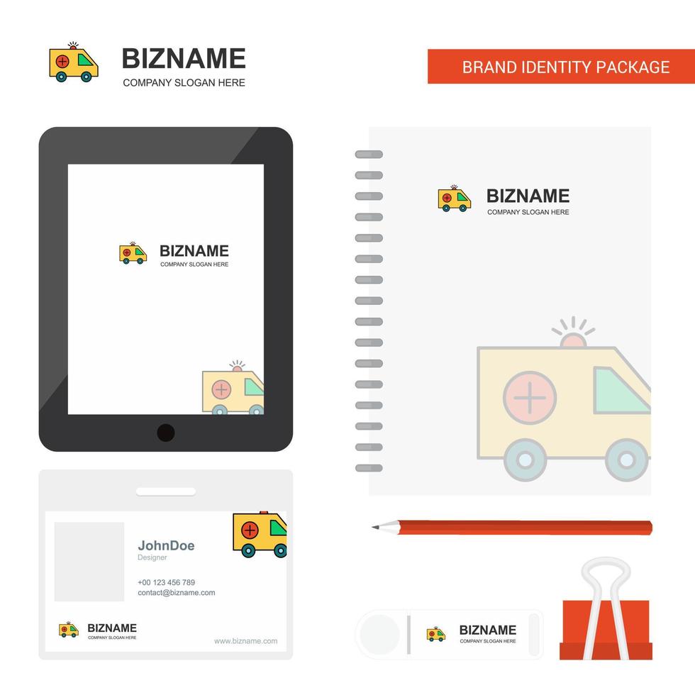 Ambulance Business Logo Tab App Diary PVC Employee Card and USB Brand Stationary Package Design Vector Template