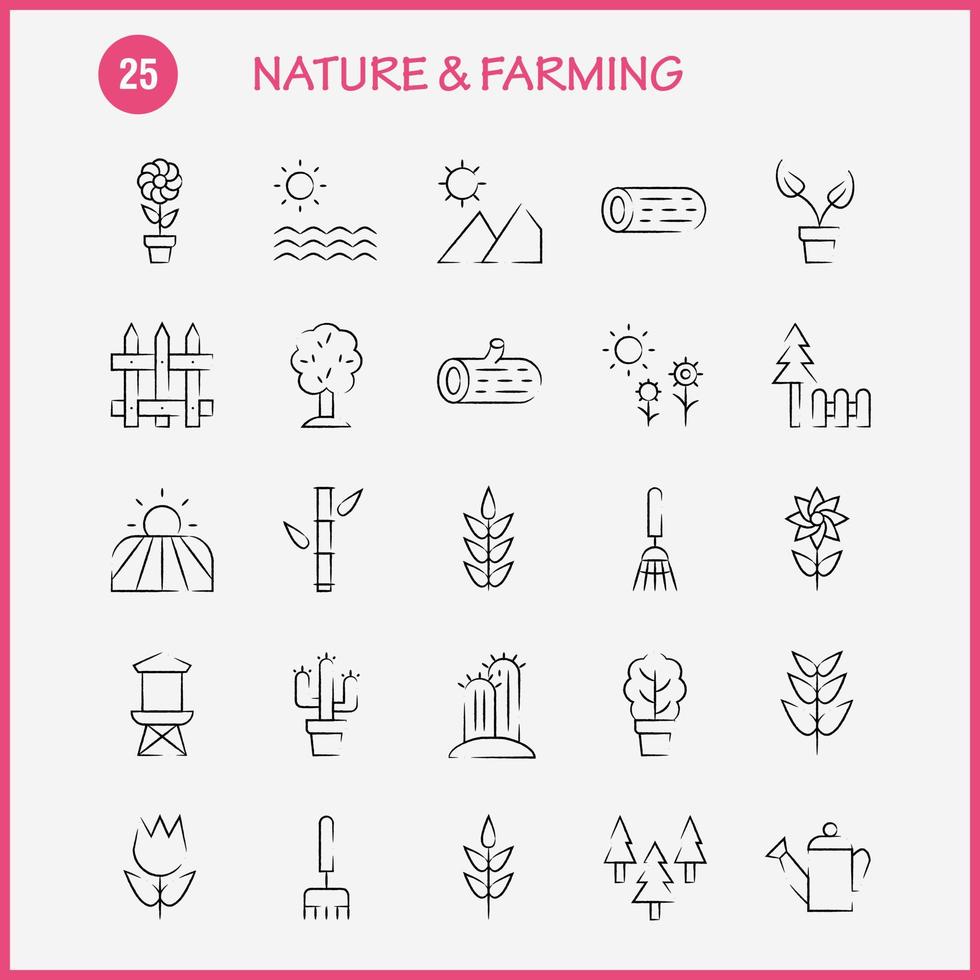 naturaleza y agricultura paquete de iconos dibujados a mano para diseñadores y desarrolladores iconos de granero edificio puerta granja agricultura naturaleza ronda montaña vector