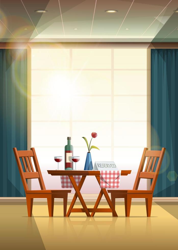 restaurante de estilo de dibujos animados de vector mesa romántica con vino y cartel reservado.