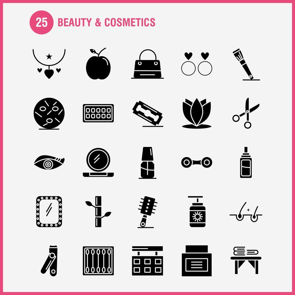 Beauty And Cosmetics Solid Glyph Icons Set For Infographics Mobile UXUI Kit And Print Design Include Beauty Buds Cotton Makeup Woman Cosmetic Beauty Love Icon Set Vector