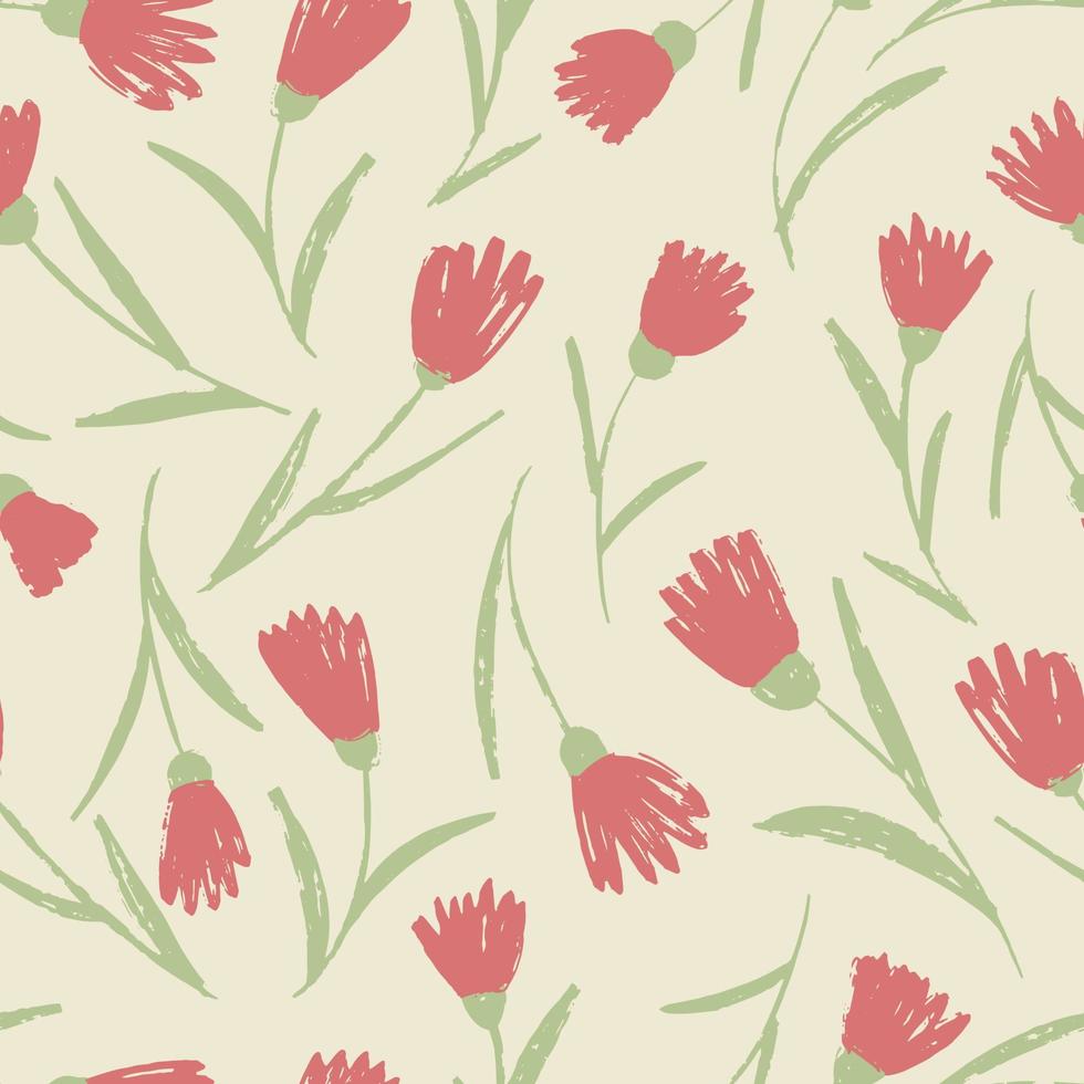 Pink flowers with green leaves brush textured on light background. Floral seamless pattern for fabric cover background. vector graphic