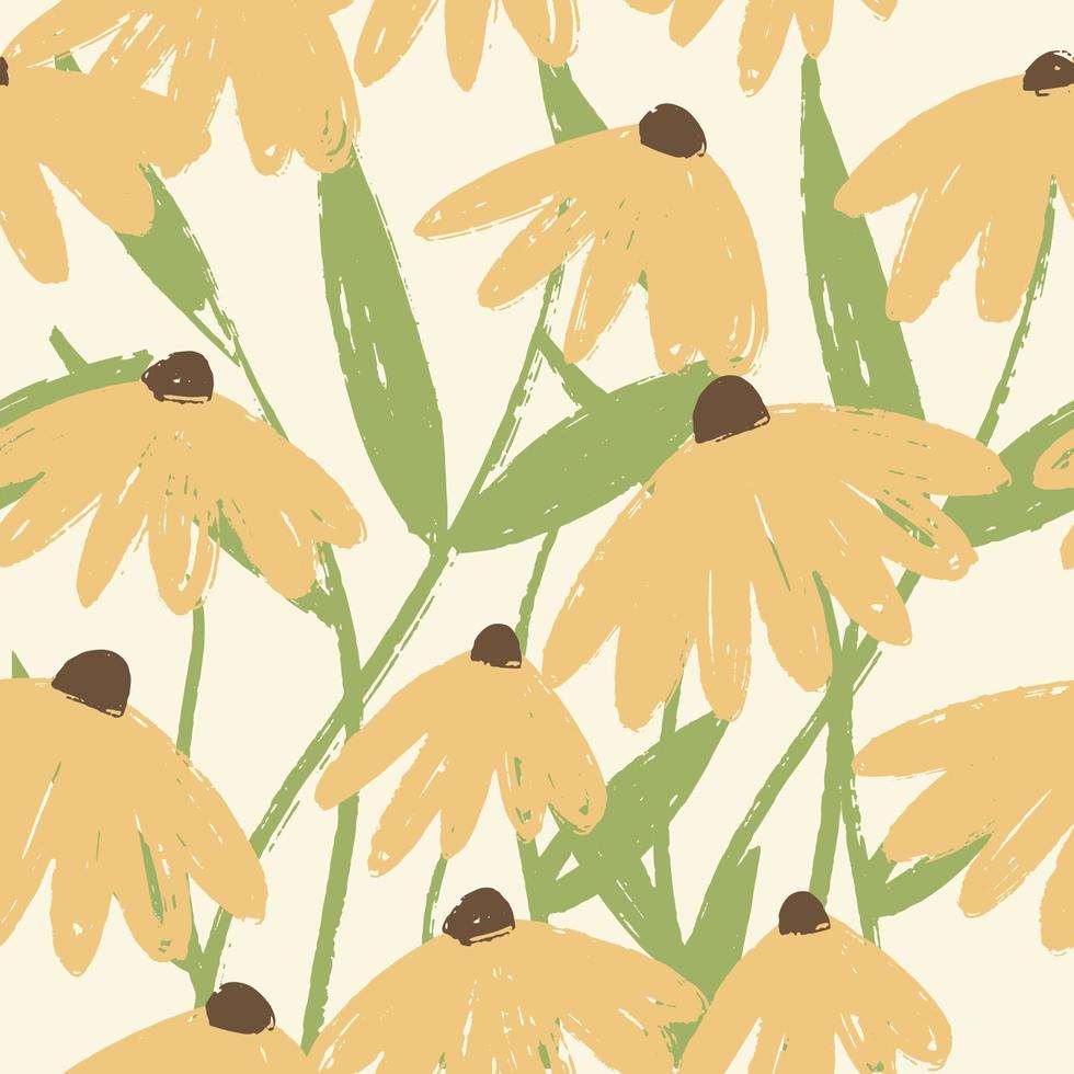 Orange flowers with green leaves brush textured on light yellow background. Floral seamless pattern for fabric cover background. vector graphic