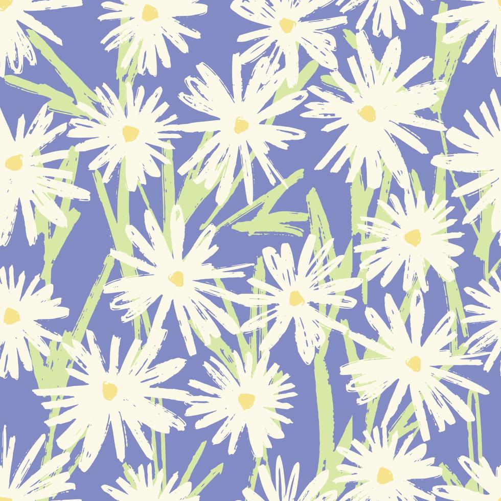 Light flowers with green leaves brush textured on bright blue background. Floral seamless pattern for fabric cover background. vector graphic