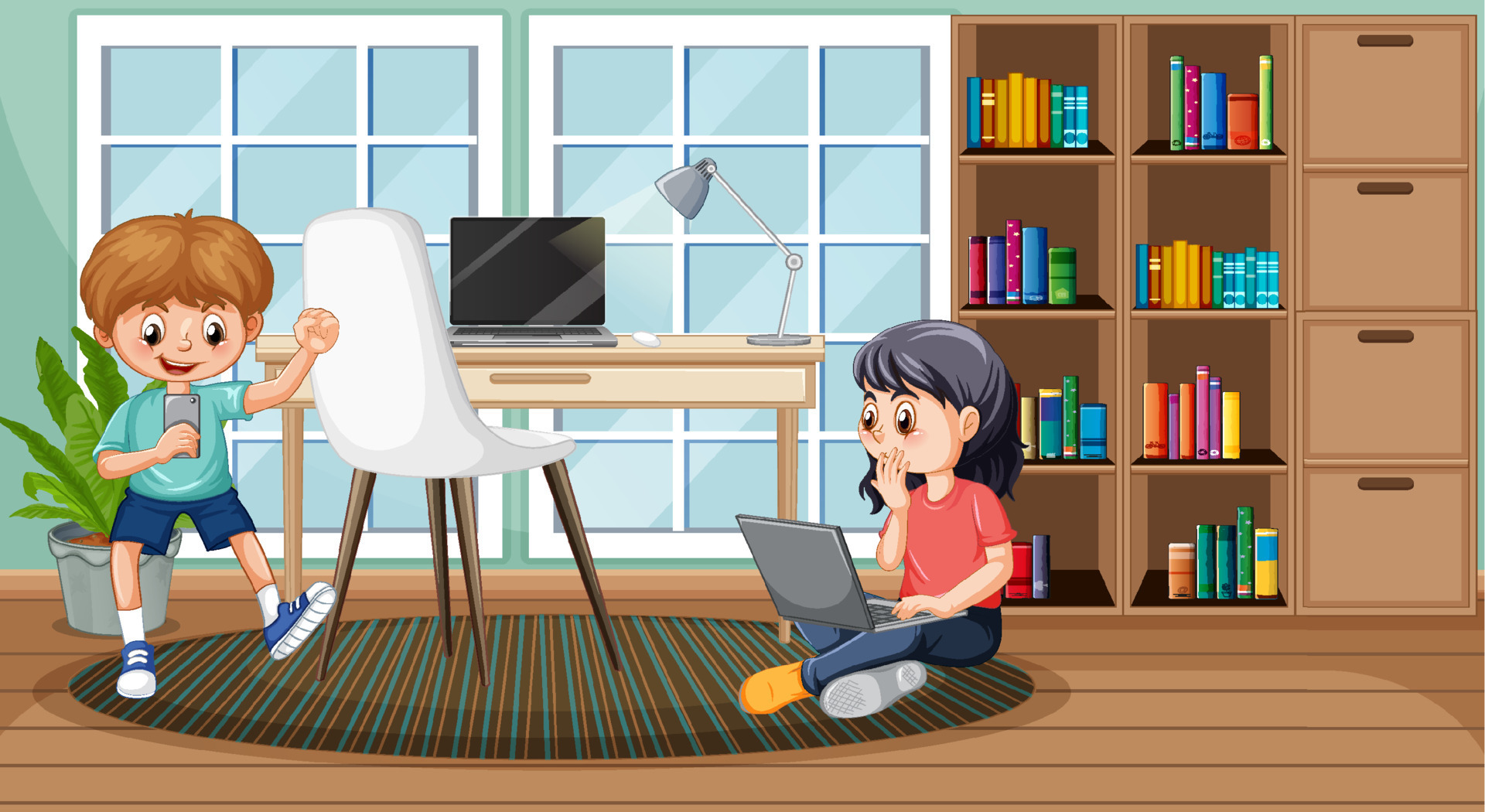 Children using technology devices at home 14231739 Vector Art at Vecteezy