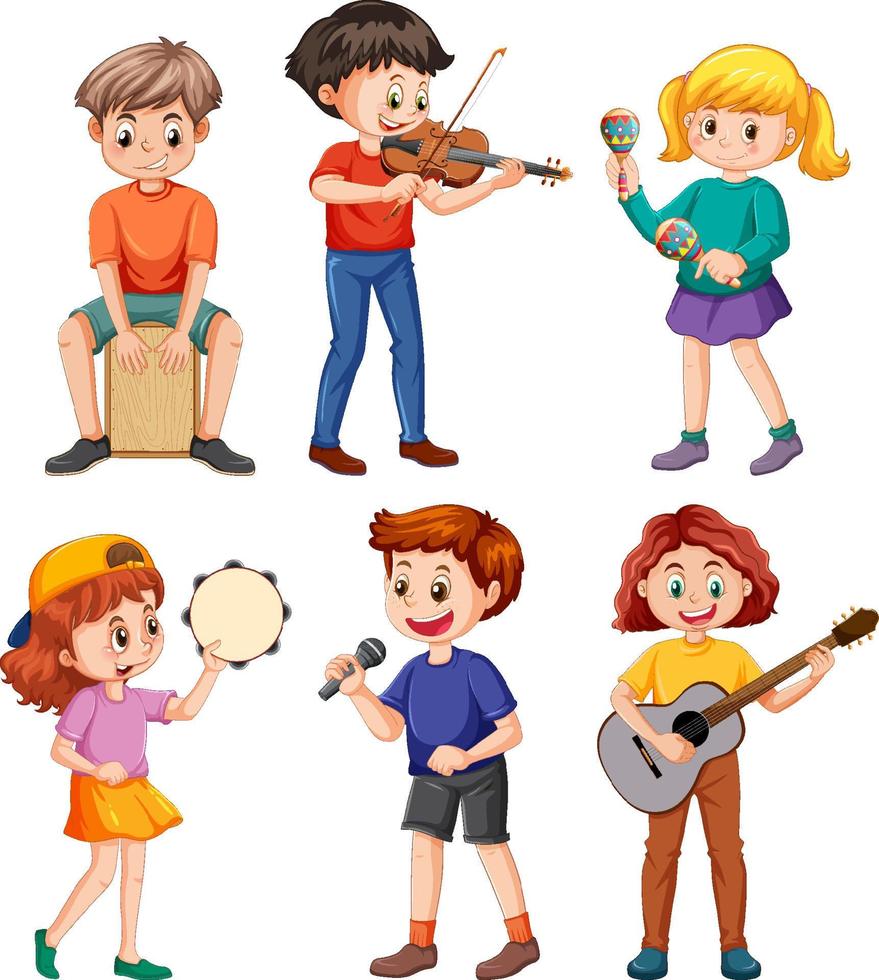 conjunto de niños tocando diferentes instrumentos musicales vector