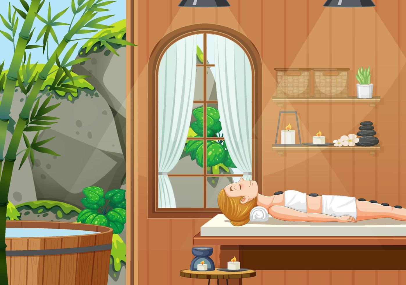 Woman gets stone massage in spa scene vector