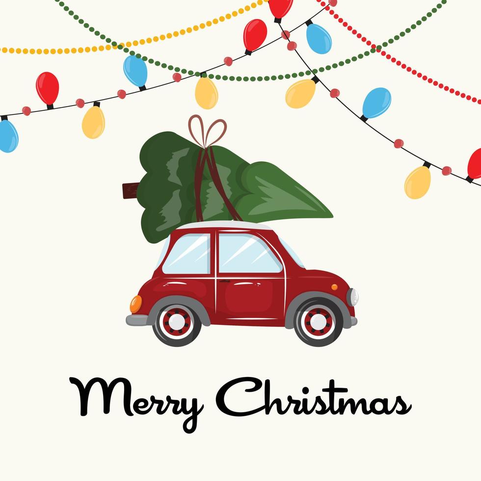 Christmas illustration with a red car and the pine tree on top of it. For cards, invitation, advertisements, posters, prints and any Christmas winter designs. vector