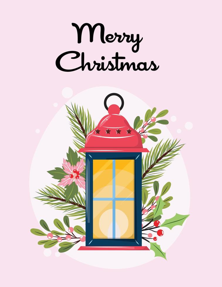 Beautiful banner with Christmas lantern, pine branches, flowers and berries on pink background. Christmas illustration with a lantern. For cards, banners, prints, tags and any design projects. vector