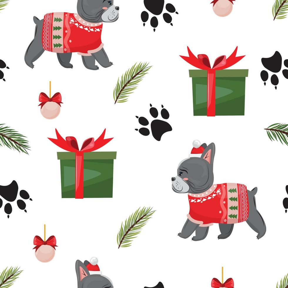 Vector seamless pattern with French bulldog, pine branches gift boxes, paw prints and Christmas decorative tree ball. For textile, paper, print, packaging and any surface designs.