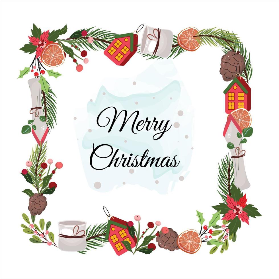 Christmas square border with winter decorations for happy holidays. vector