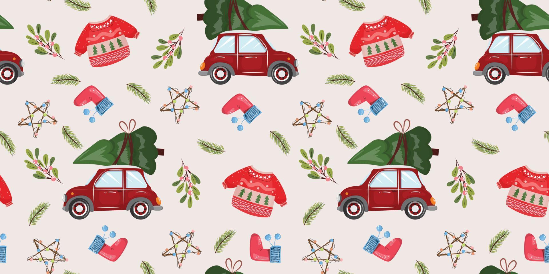 Christmas seamless pattern with a car, Christmas tree, sweater, star, sock, branch. For textile, paper, packaging and any Christmas design projects. Vector flat cartoon Christmas background.