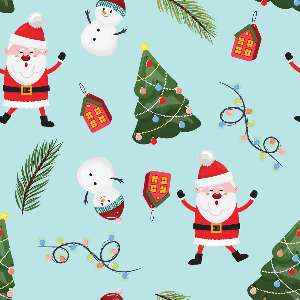 Cute seamless pattern with Santa Claus, snowman, pine branches, light garland and houses. For textile, paper, wallpaper, packaging, backgrounds. Vector seamless pattern.