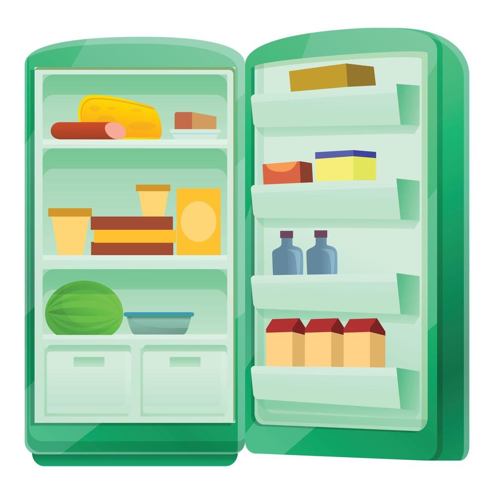 Open fridge with food icon, cartoon style vector