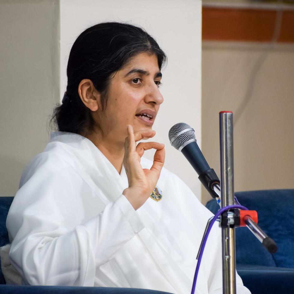 New Delhi, India, October 16 2022 - BK Shivani during meditation session, Shivani Verma, better known as BK Shivani, is a teacher in the Brahma Kumaris spiritual yoga and meditation movement of India photo