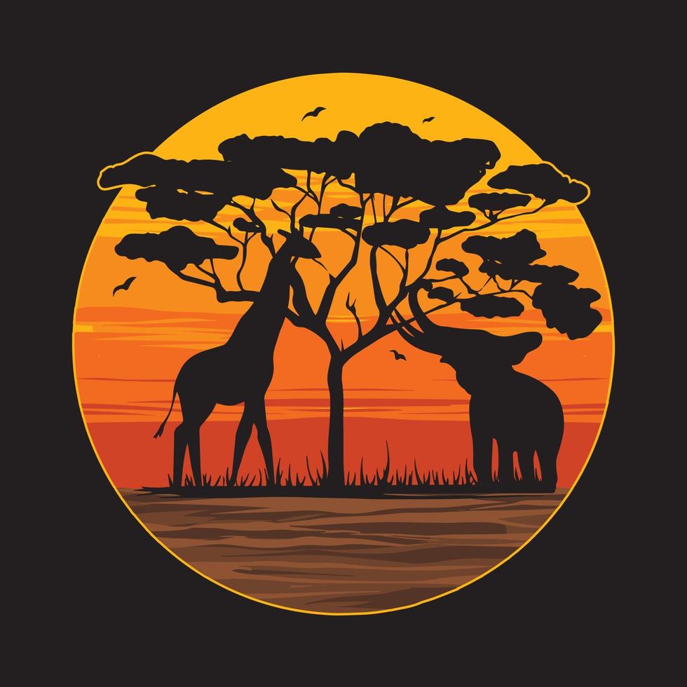 arte retro vintage de la puesta del sol del diseño y la etiqueta engomada de la camiseta del zoológico vector