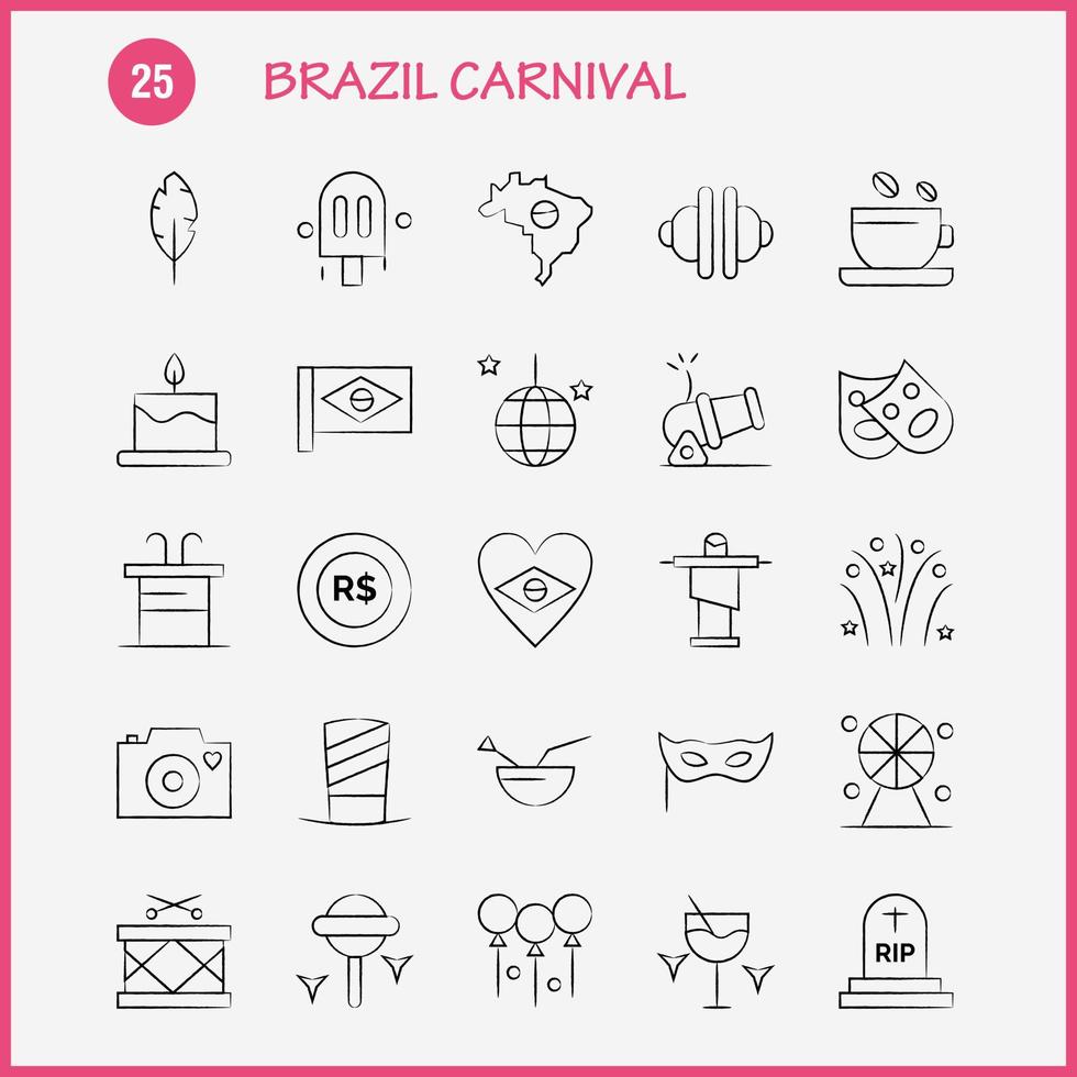 Brazil Carnival Hand Drawn Icon Pack For Designers And Developers Icons Of Tea Cup Coffee Tablet Currency Coin Money Cannon Vector