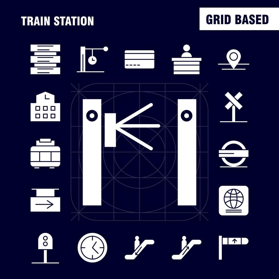 los iconos de glifo sólido de la estación de tren se establecen para infografías, el kit de uxui móvil y el diseño de impresión incluyen entrada a la estación de tren, metro, tren, ferrocarril, signo de ferrocarril, conjunto de iconos vectoriales vector