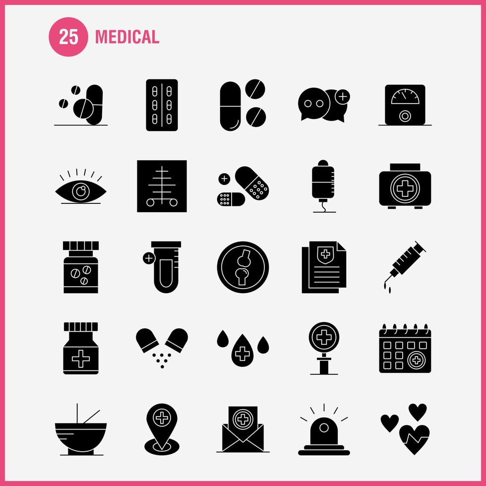 los iconos de glifo sólido médico establecidos para el kit de uxui móvil de infografía y el diseño de impresión incluyen medicina médica hospital atención médica tubo médico laboratorio más eps 10 vector