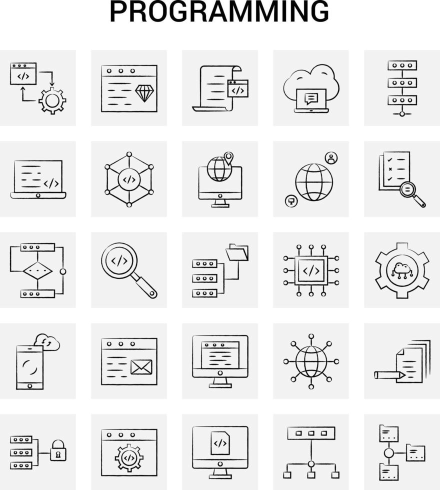 25 iconos de programación dibujados a mano conjunto de garabatos vectoriales de fondo gris vector