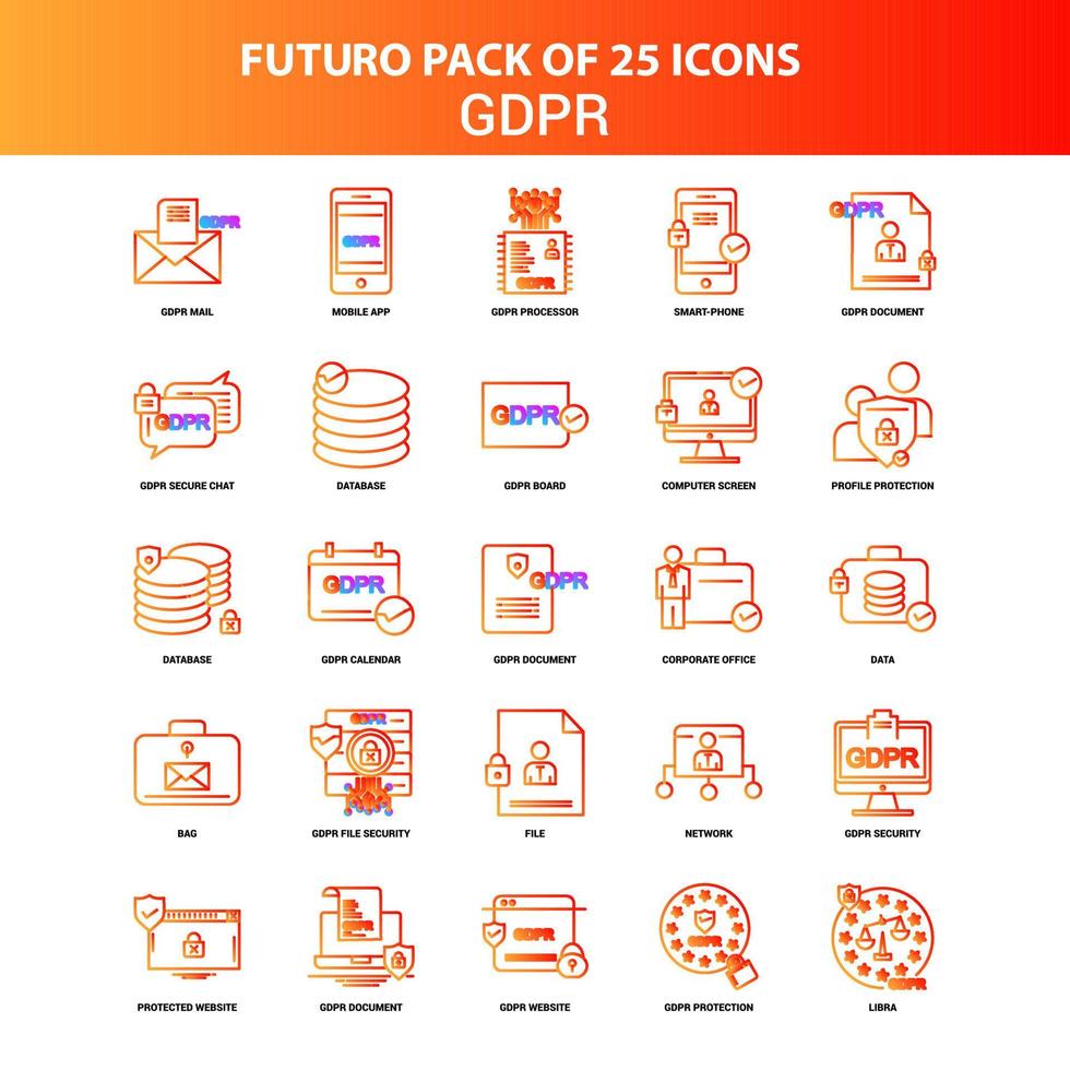 naranja futuro 25 gdpr conjunto de iconos vector