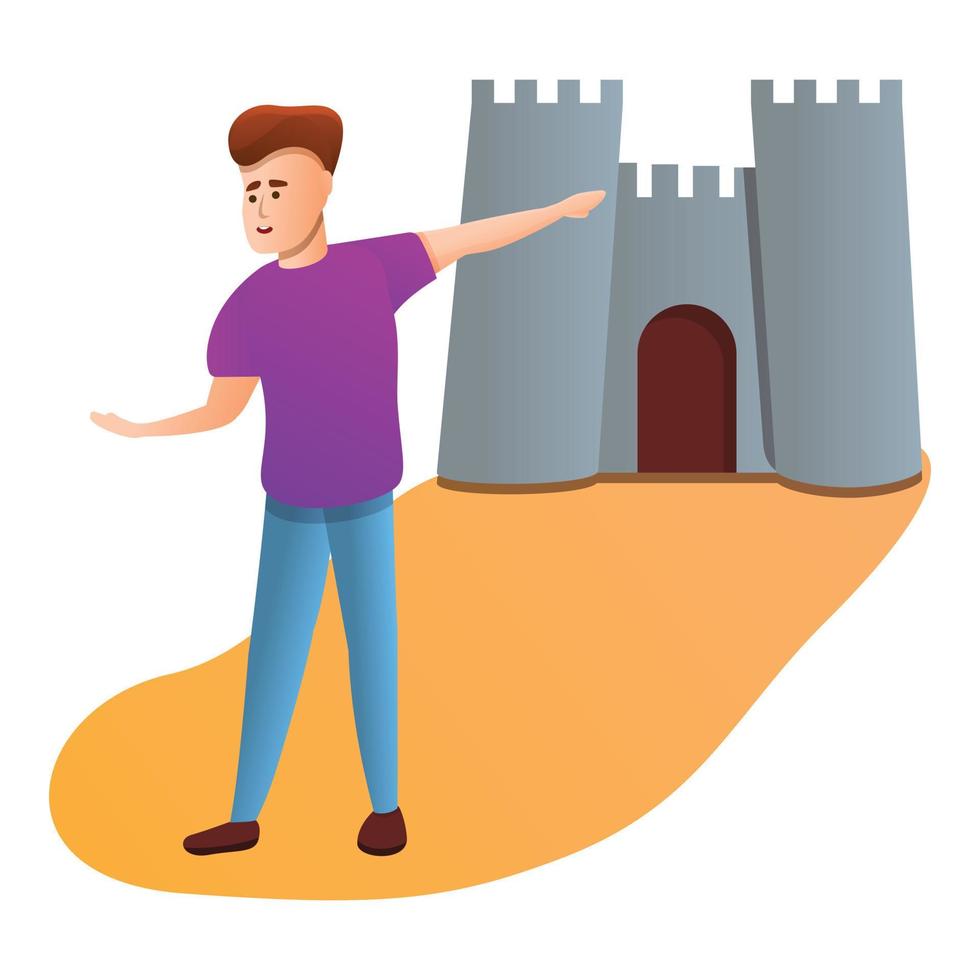 Boy show tourist castle icon, cartoon style vector