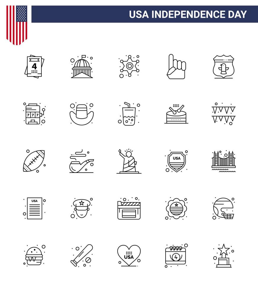 USA Happy Independence DayPictogram Set of 25 Simple Lines of usa american men usa foam hand Editable USA Day Vector Design Elements