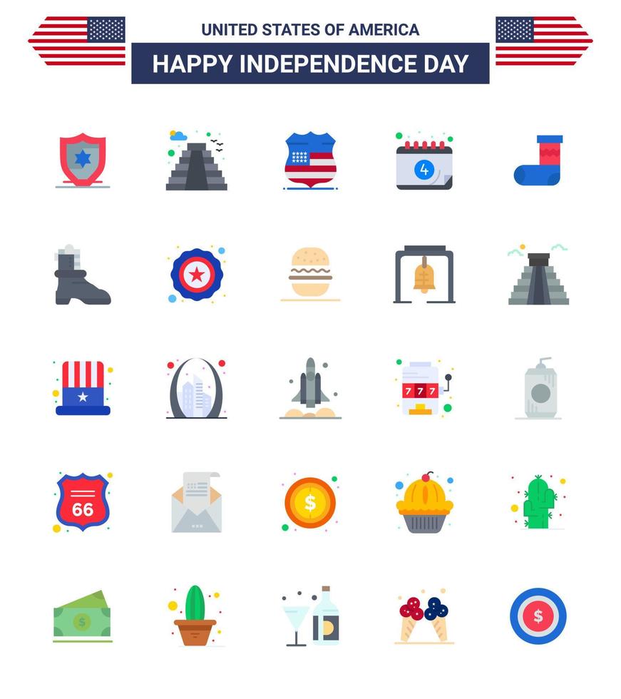 Pack of 25 USA Independence Day Celebration Flats Signs and 4th July Symbols such as festivity celebration sign day calendar Editable USA Day Vector Design Elements