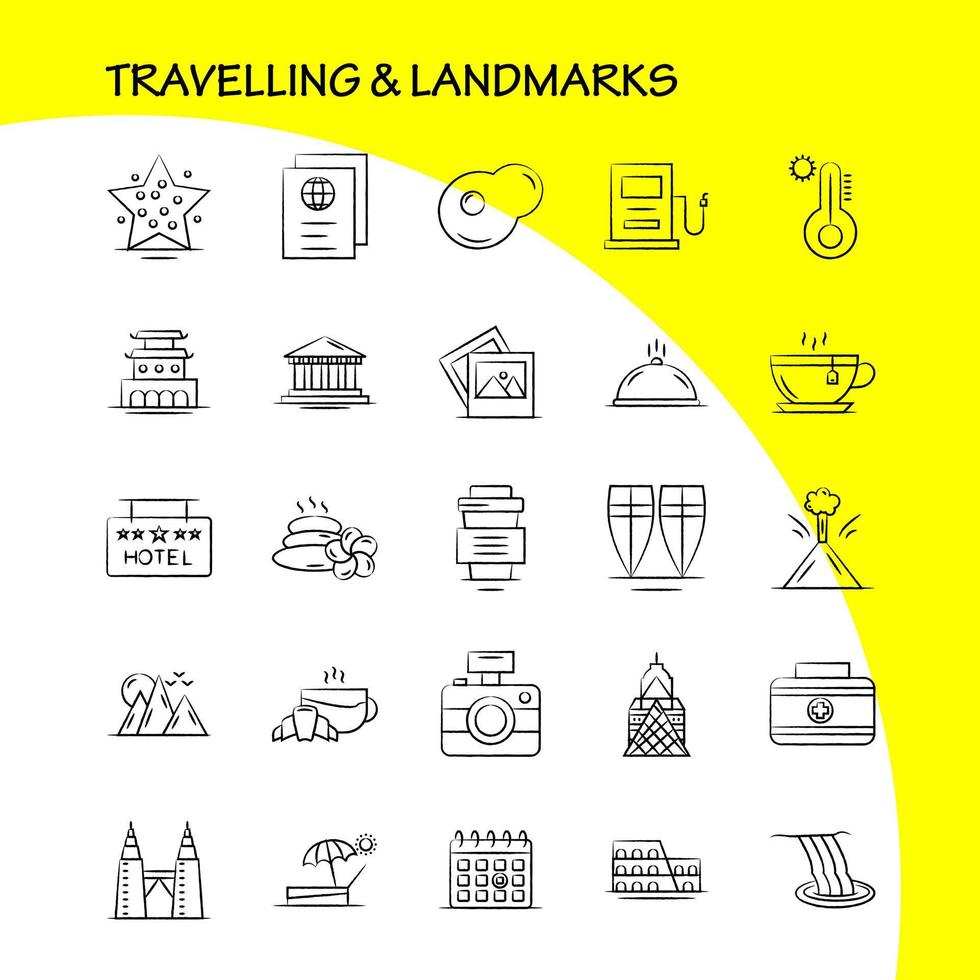 Travelling And Landmarks Hand Drawn Icon for Web Print and Mobile UXUI Kit Such as Drink Hotel Glass Health Tea Cake Coffee Hot Pictogram Pack Vector