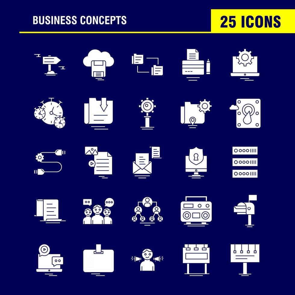 Business Concepts Solid Glyph Icons Set For Infographics Mobile UXUI Kit And Print Design Include Camcorder Media Video Media Player Locked Share Gear Collection Modern Infographic Logo and vector