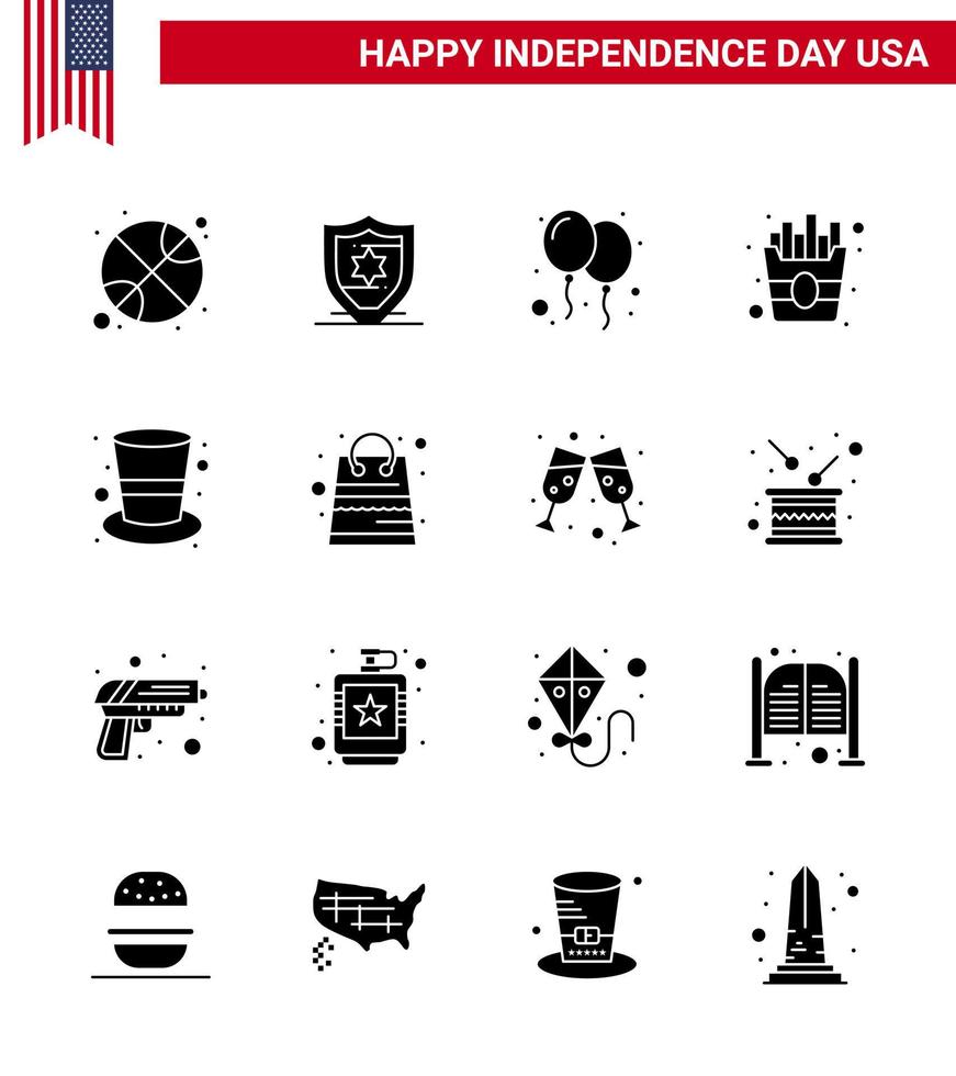 Happy Independence Day 4th July Set of 16 Solid Glyphs American Pictograph of magic hat cap celebrate american food Editable USA Day Vector Design Elements