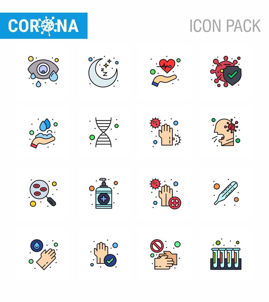 16 Flat Color Filled Line Set of corona virus epidemic icons such as hands care protection beat disease pulses viral coronavirus 2019nov disease Vector Design Elements