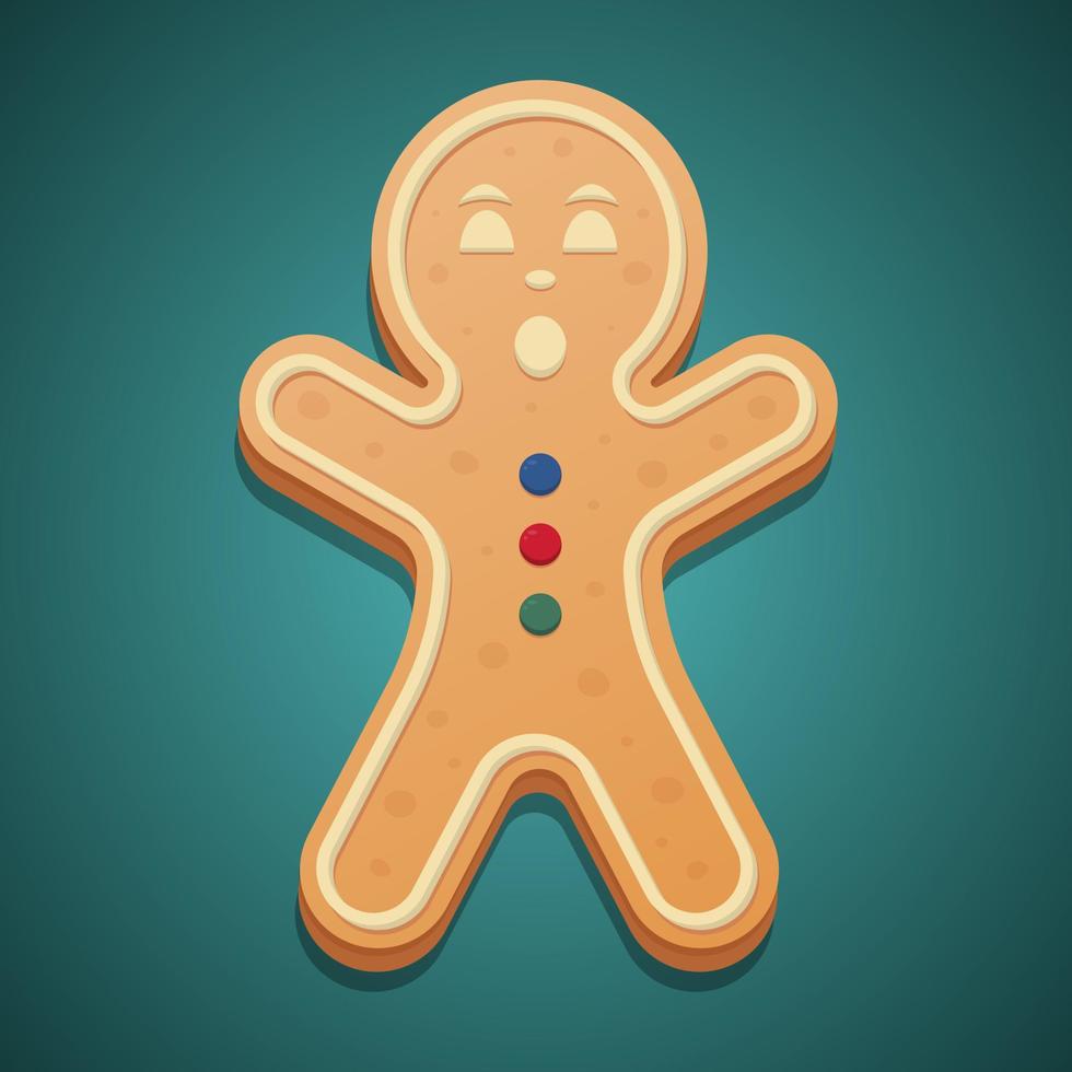 Gingerbread Man. The boy raised his hands up. Figured dessert. Ginger cookies on a green background vector