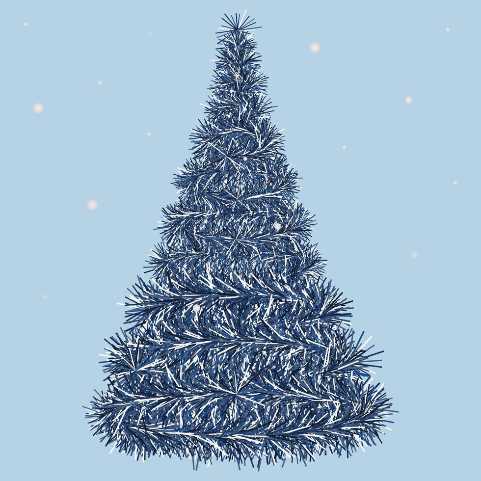 árbol de Navidad. los copos de nieve blancos se arremolinan sobre el abeto azul. un árbol hecho de oropel esponjoso. vector